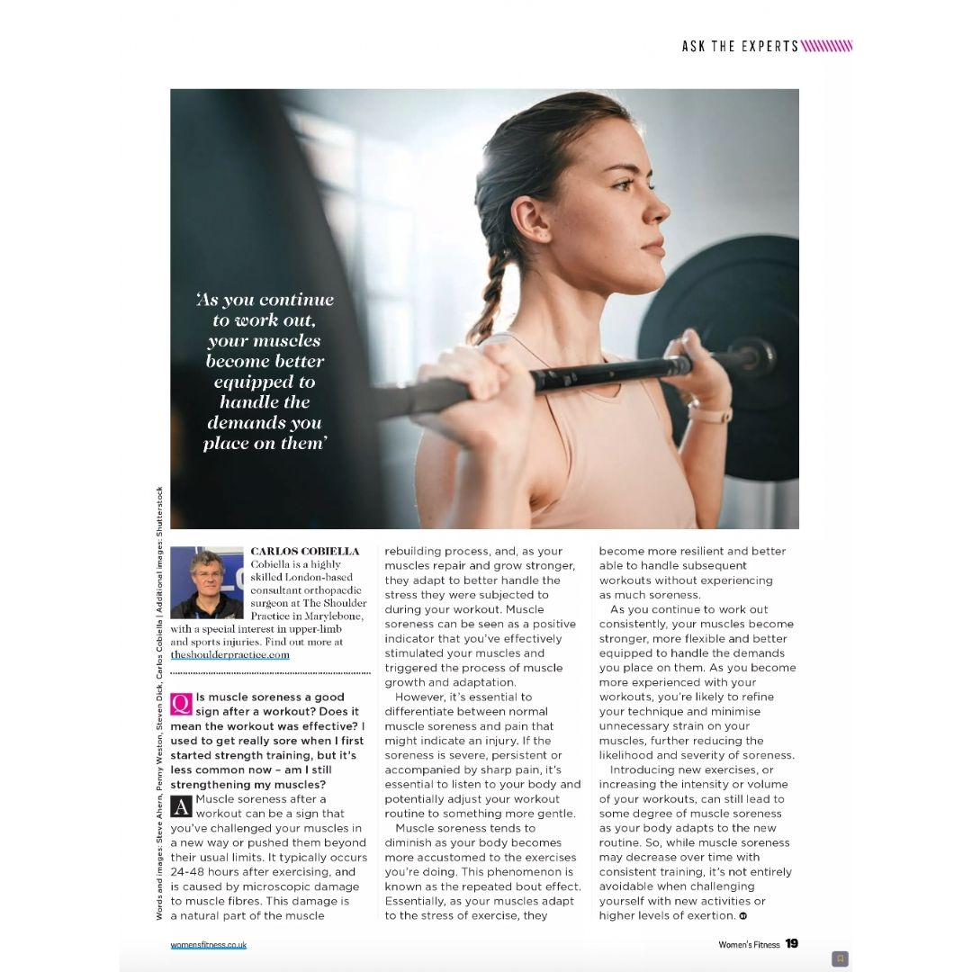 As featured in <a href="/womensfitnessuk/">Women's Fitness</a> - Carlos Cobiella shares his advice and answers the question - Is muscle soreness a good sign after a workout?! Swipe to see the article.

#womensfitness #physio #workout #instafit #gymfam #musclerecovery