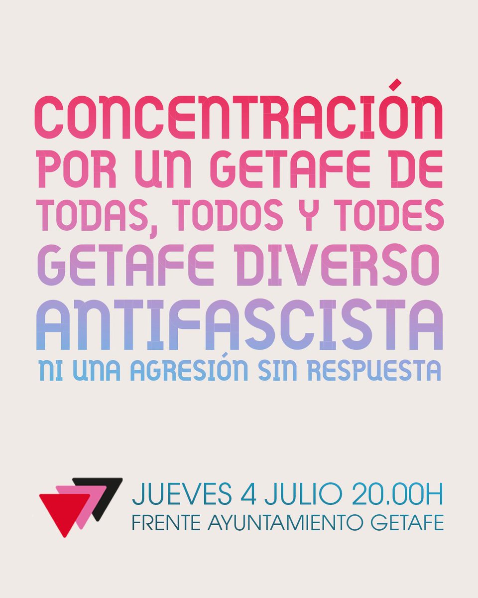 SovietGetafe's tweet photo. Llamamos a todas las vecinas y vecinos, asociaciones y organizaciones políticas y sociales de Getafe a concentrarnos para mostrar nuestro rechazo a las agresiones sufridas este fin de semana.

📅 Jueves 4
🕖 20:00 horas
📍Plaza del Ayto

Por un Getafe diverso y antifascista. https://t.co/WD2pEUH7iI