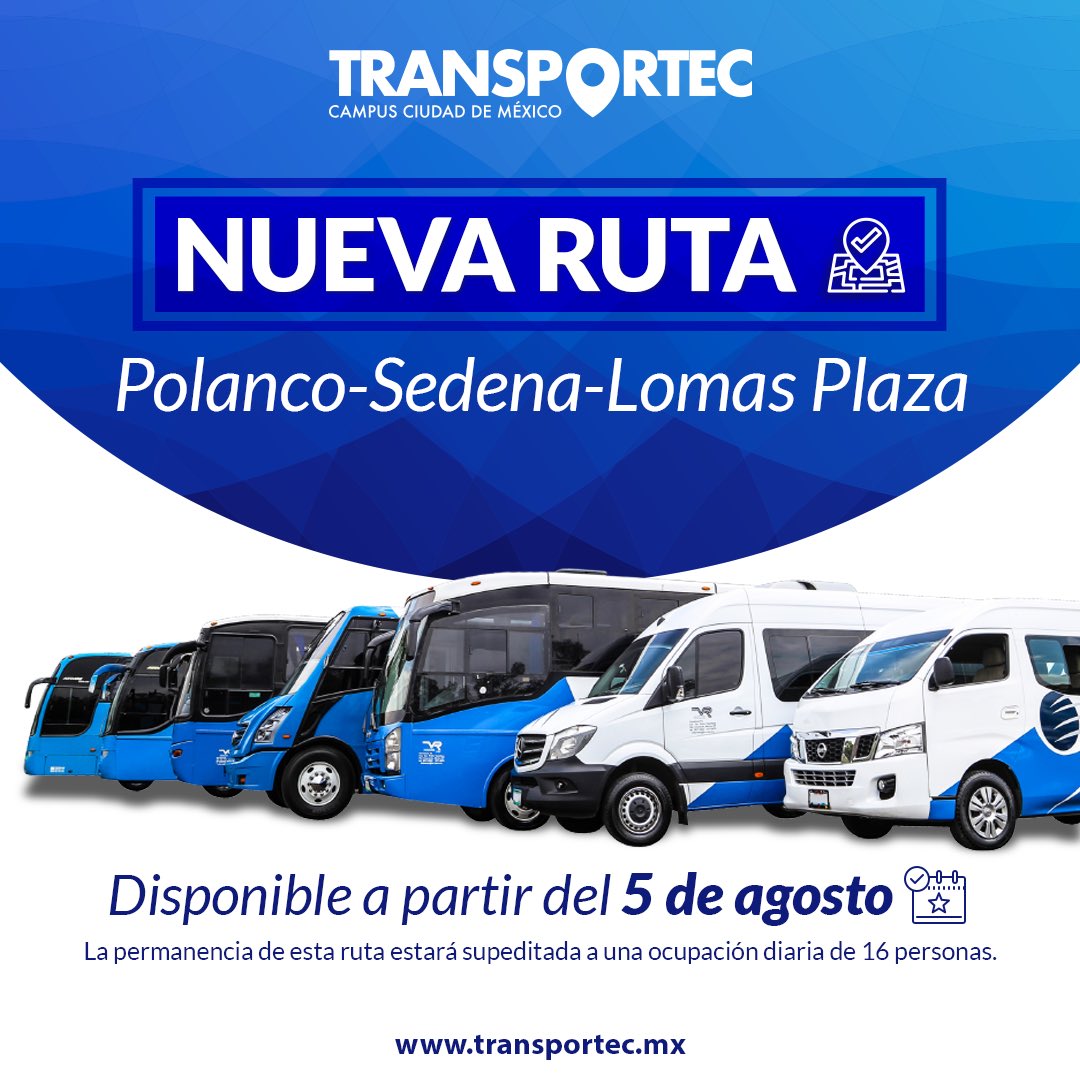 ¿Ya conoces nuestra nueva ruta? 
Paradas:
📍Av. Ejército Nacional esquina Irrigación dirección Periférico 
📍Av. Industria Militar (acceso Escuela Militar de Enfermería)
📍Periférico - Centro Comercial Lomas Plaza
#TransportecCCM