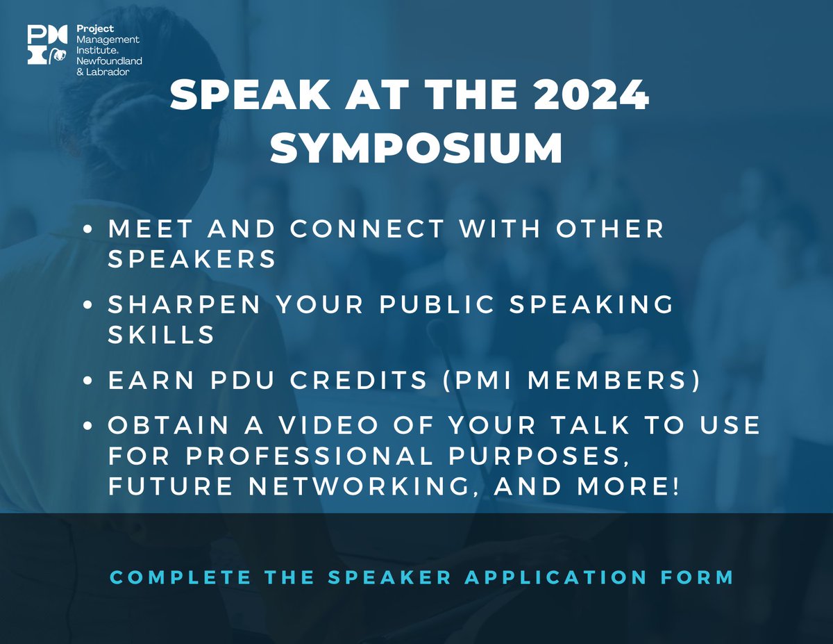 BECOME A 2024 SPEAKER
We are now accepting speaker applications for the 2024 Project Management Symposium, on November 13th, 2024, in St. John’s, NL
Complete our easy speaker application form, please click here: forms.office.com/pages/response…
Applications are due by August 30th, 2024