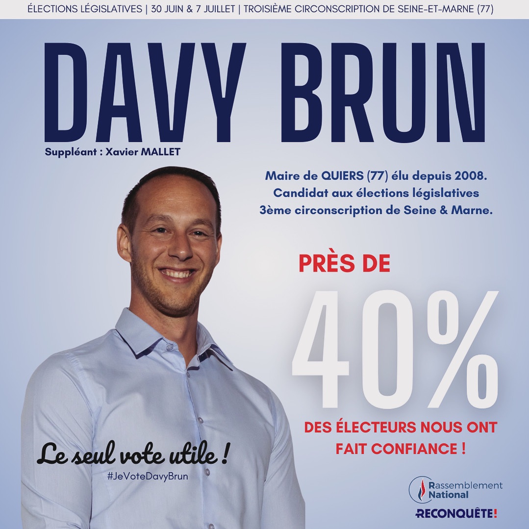 DavyBrun's tweet photo. 🗳️ 19 152 mercis aux électeurs de la #circo7703 qui nous ont permis d’être en tête du premier tour avec mon binôme @xaviermallet77. #BardellaPremierMinistre #UnionNationale #uniondesdroites #legislatives2024 #allonsvoter #Reconquete @RNational_off @Reconquete_off @AymericDurox https://t.co/5oEsgbQ2Ml