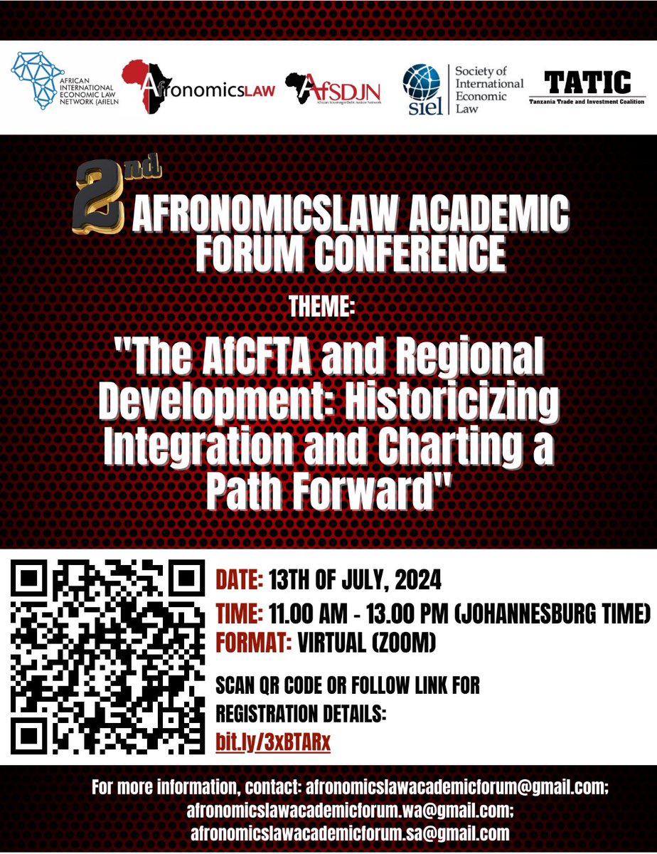Please join us for our 2nd Afronomicslaw Academic Forum Conference 

•Date: 13th of July, 2024 
•Time: 11:00 AM - 13:00 PM (Johannesburg Time) 
•Format: Virtual (Zoom) 
•Registration Link ⬇️.

afronomicslaw.org/category/acade…