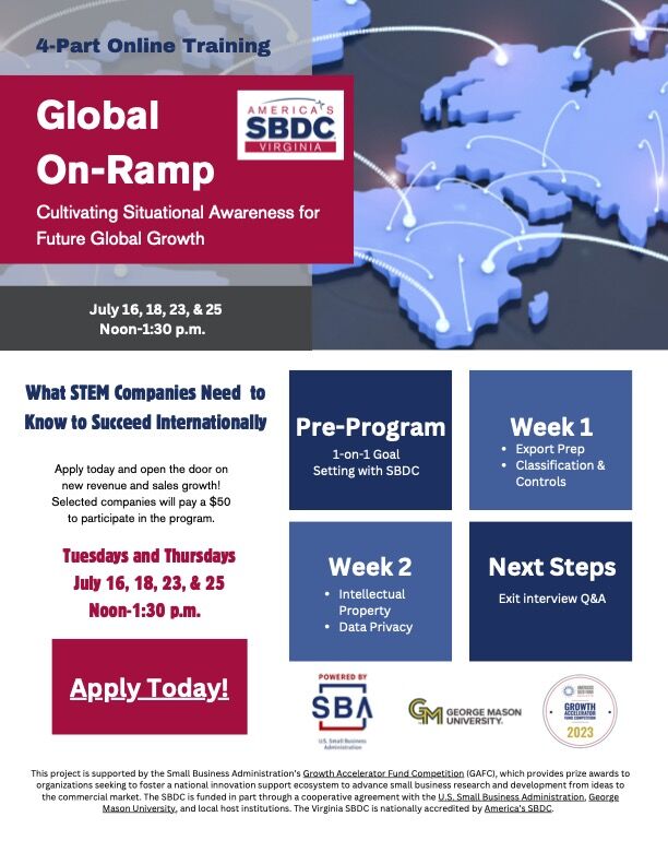 virginiasbdc's tweet image. The Virginia SBDC's International Business Development Program is hosting the Global On-Ramp, a 4-part virtual training series providing situational awareness for STEM companies with global potential. 

Apply by July 8th: loom.ly/eQ68j10

#smallbusiness #exporting