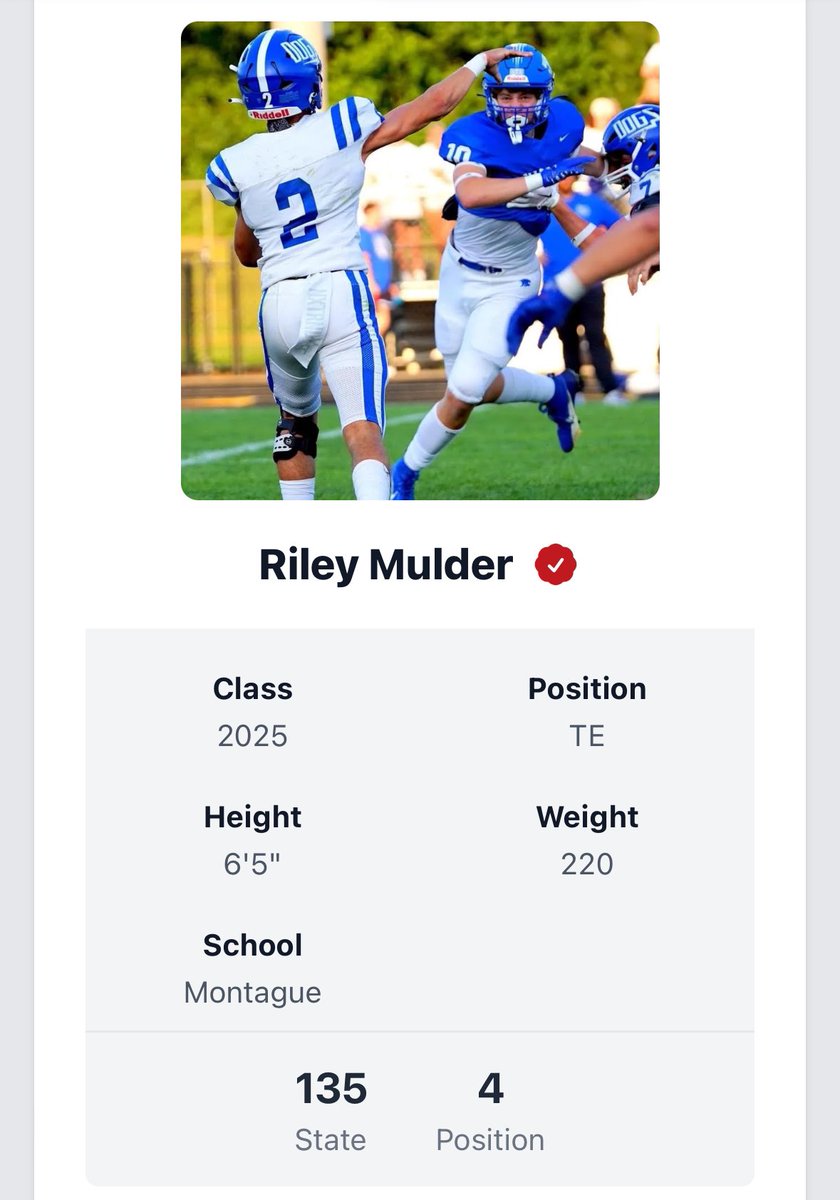 Riley Mulder 6’5 Te/De 2025 (@rileymulderz) on Twitter photo Blessed to be ranked the #4 TE in the state! Can’t wait for next season. <a href="/PrepRedzoneMI/">Prep Redzone Michigan</a> <a href="/alex_pallone/">Alex Pallone</a> <a href="/Coach_Dennett/">Justin Dennett</a> <a href="/ScottDeCamp/">Scott DeCamp</a> Blessed to be ranked the #4 TE in the state! Can’t wait for next season. <a href="/PrepRedzoneMI/">Prep Redzone Michigan</a> <a href="/alex_pallone/">Alex Pallone</a> <a href="/Coach_Dennett/">Justin Dennett</a> <a href="/ScottDeCamp/">Scott DeCamp</a>