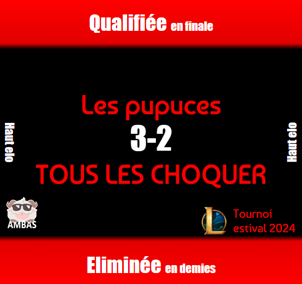 ProgAmbaFR's tweet photo. 5 GAMES ! Après une lutte acharnée, ce sont les pupuces qui l'emportent sur TOUS LES CHOQUER !

Bienvenue en finale !

#tournoiestival24lolhe https://t.co/0gDXQnTuB6