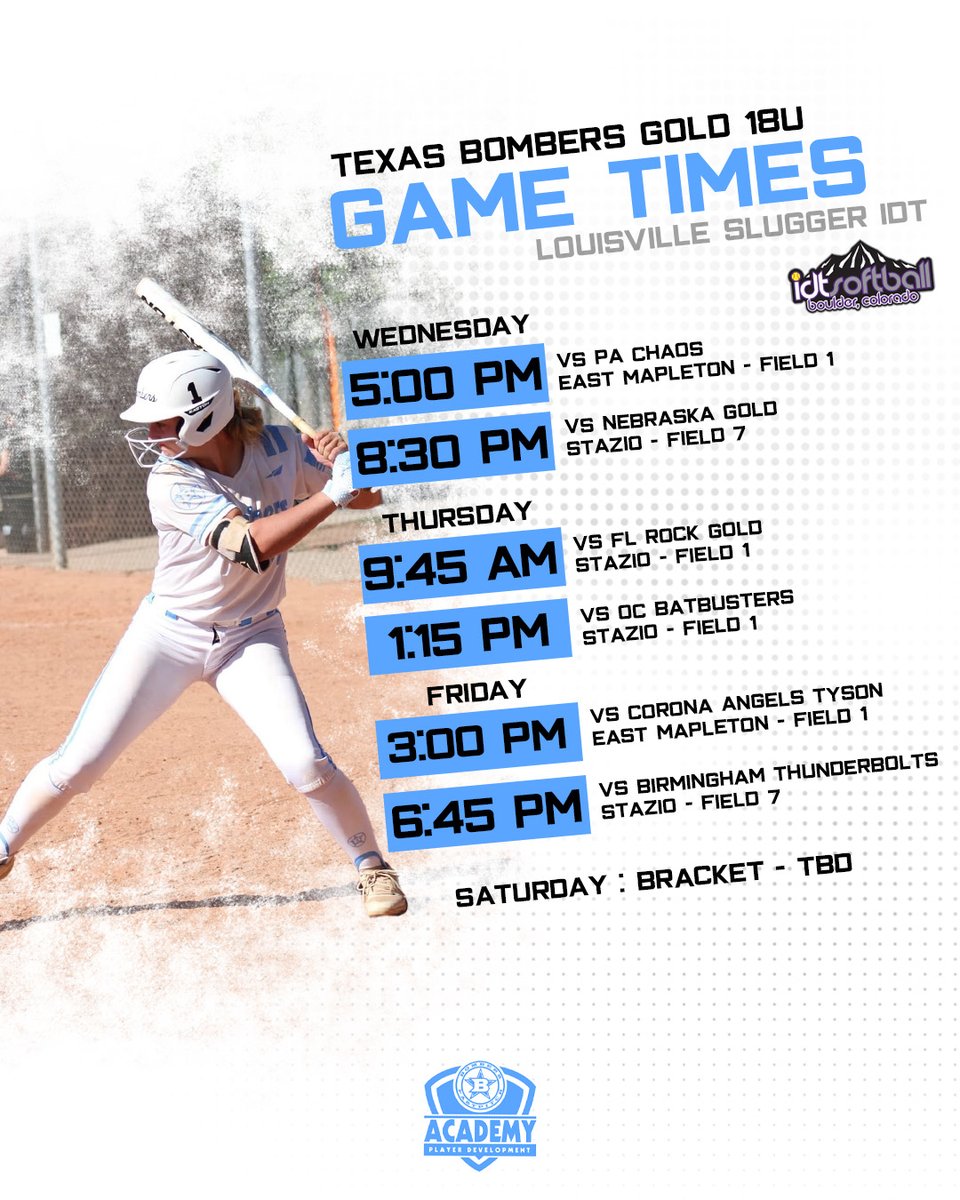 Texas Bombers Gold 18u (@txbombersgold18) on Twitter photo Check out our games times for the Louisville Slugger Boulder IDT tournament! #bombernation #bomberacademy
<a href="/bombers_academy/">Bombers Academy</a> Check out our games times for the Louisville Slugger Boulder IDT tournament! #bombernation #bomberacademy
<a href="/bombers_academy/">Bombers Academy</a>