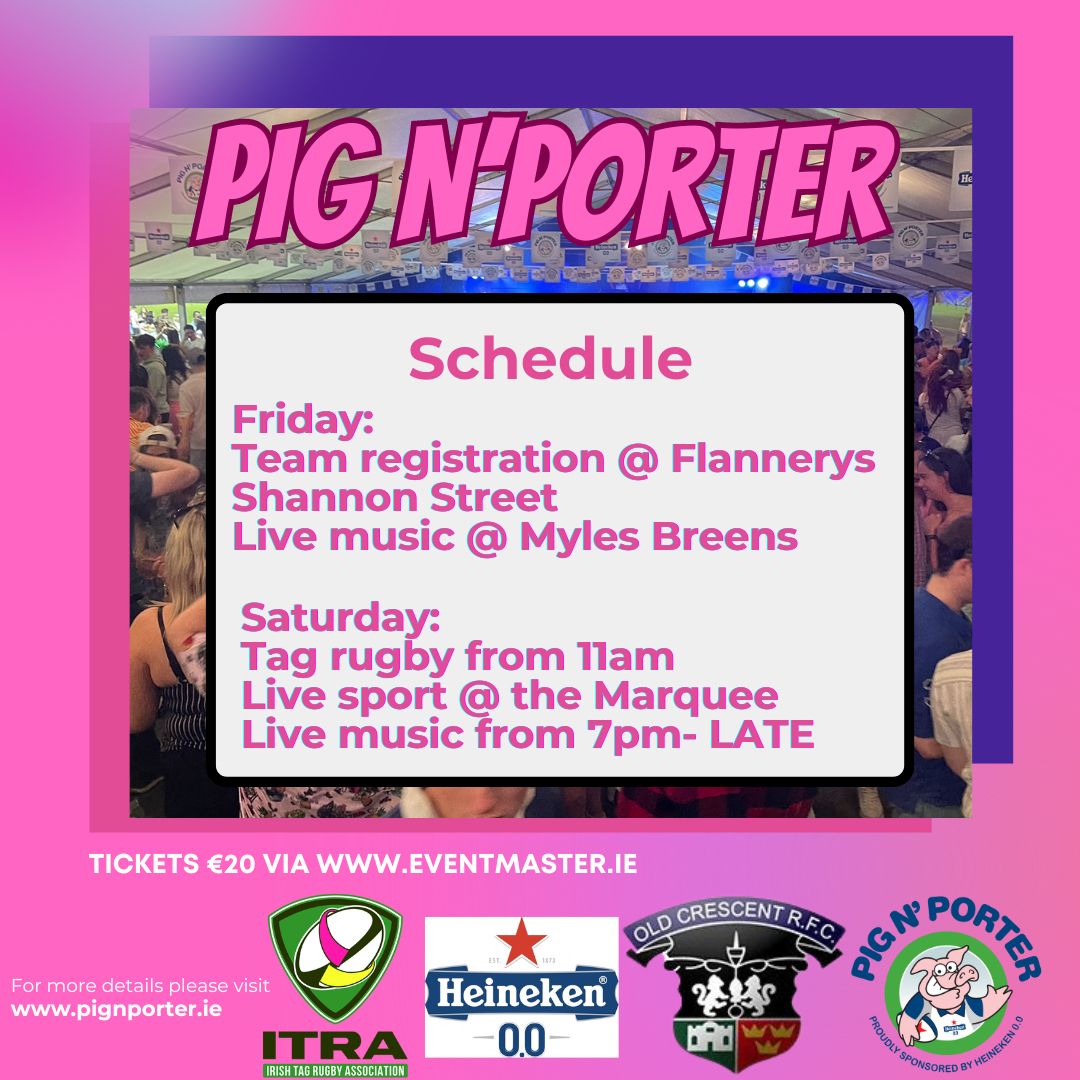 PigNPorterTag's tweet photo. *SCHEDULE OF EVENTS*

Friday: collection of team packs from 8:30pm in Flannerys Shannon Street. Once you’ve collected your packs, head over to Myles Breens for some live music. 

Saturday: 
Tag Rugby kicks off at 11am
Live sports from 3pm
Live music starts at 7pm ‘TILL LATE

🐷🍻 https://t.co/oEyjAzzl6R
