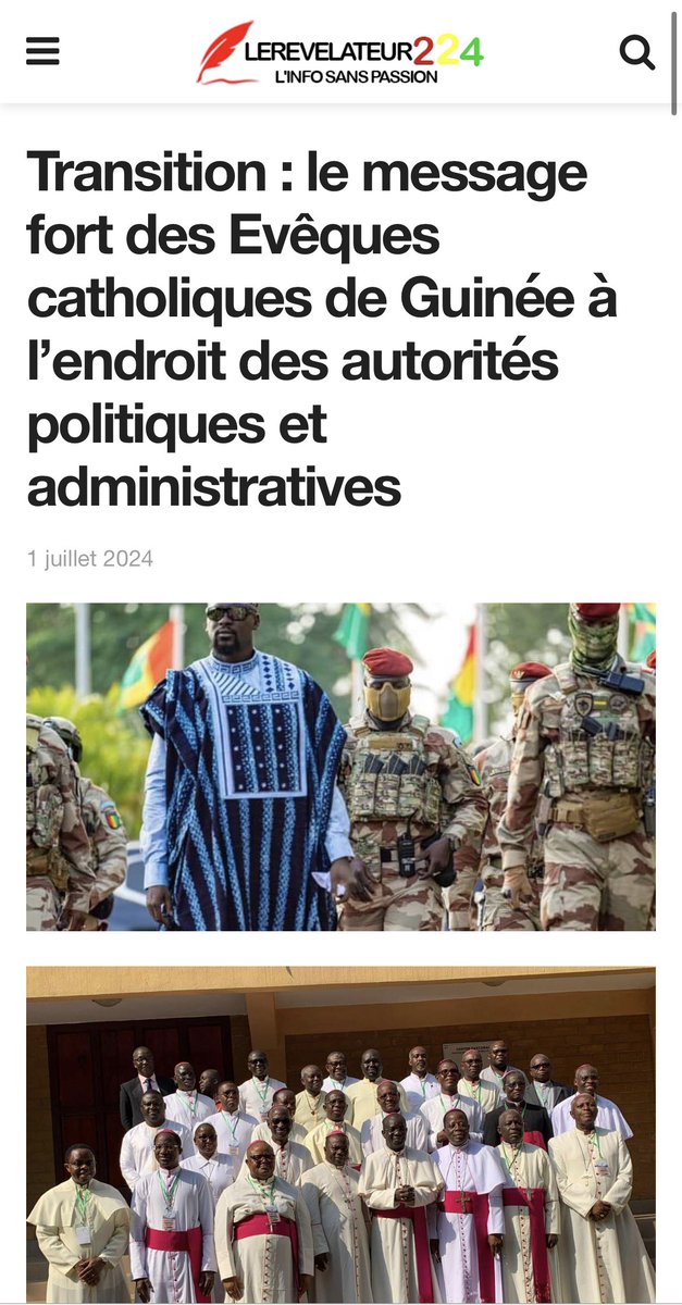 blemoul's tweet photo. Message des Évêques Catholiques de Guinée 🎙️
« Ces difficultés sont aggravées par un manque de visibilité dans l’orientation, le programme et le calendrier de la transition…

En effet, au témoignage de tous, l’enthousiasme et le flot d’espérance qui ont accueilli l’avènement du CNRD le 5 septembre 2021 et qui se sont exprimés spontanément à la célébration du 02 Octobre 2021 dans les rues et sur les places publiques ont aujourd’hui cédé la place au doute, aux questionnements, voire à la déception. 

Et les faits qui ont conduit à cette extinction de l’espoir et de la joie ont eu et ont encore pour nom : les coupures d’internet du 24 novembre 2023 au 23 février 2024, la suppression de plusieurs médias sur le bouquet canal, le brouillage des ondes de certains, l’emprisonnement de certains journalistes, etc… Plus que des délestages, il règne actuellement une véritable pénurie d’électricité et d’eau courante dans la capitale Conakry et dans d’autres villes l’intérieur, sans compter une montée fulgurante du prix des denrées de première nécessité: riz, huile, sucre, oignons, etc…

Chaque manifestation ou grève est soldée par un ou des morts des jeunes. N’y aurait-il aucune possibilité de maintenir l’ordre dans notre pays sans utiliser des armes létales ? »