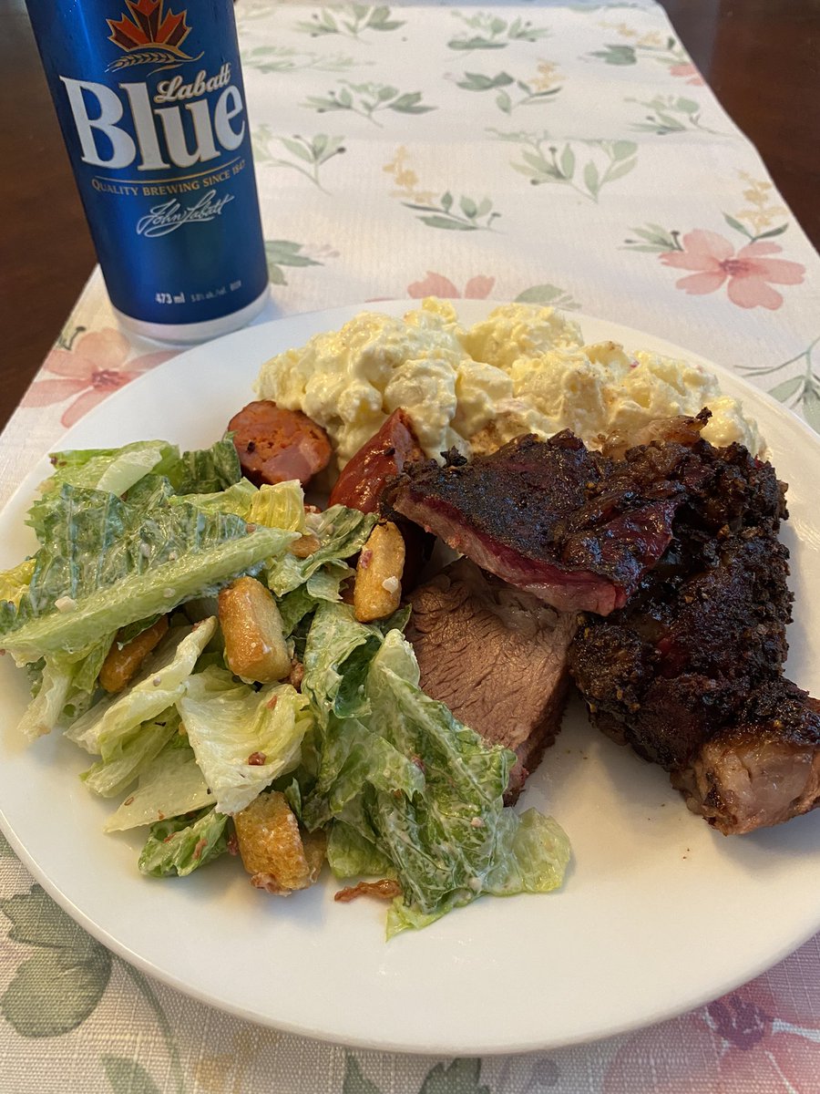 cardseco1217's tweet photo. In case anyone was curious here’s the end result to the Canada Day meal. Beef short rib (Portuguese) linguiça homemade potato salad and Caesar salad 🥗 🍖 🥔 🍺 🇨🇦 @TraegerGrills #AAAbeef @MeatChurch #labattblue https://t.co/9RmXR1yl9O