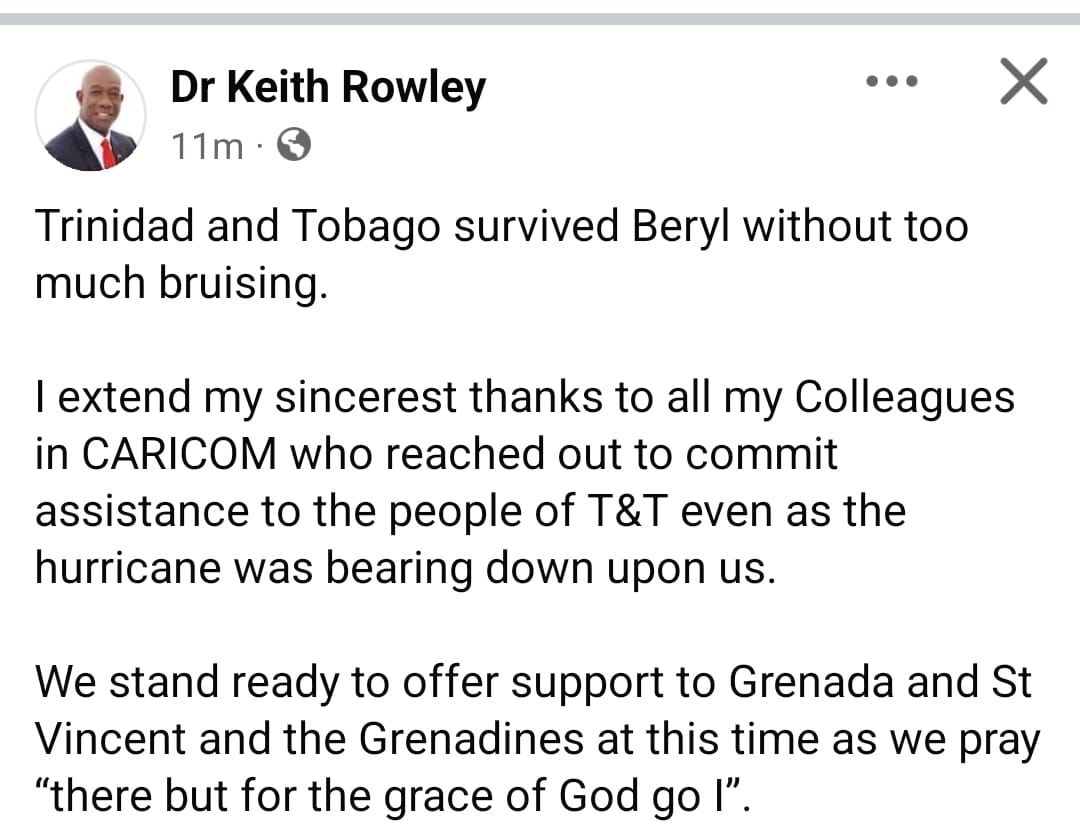 An official statement from the Prime Minister on Hurricane Beryl passing.

#Beryl
#TrinidadandTobago