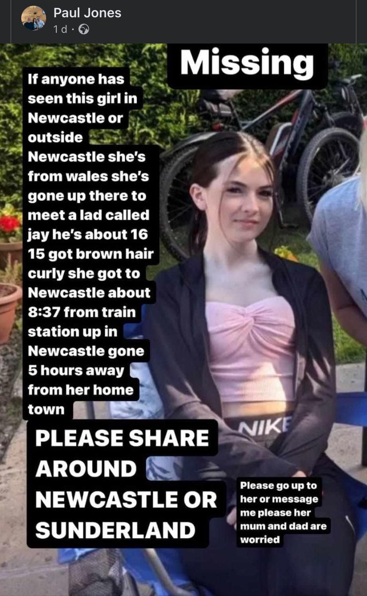 🚨Has Anyone seen this girl she is missing in Newcastle 

If so contact Paul jones here ⬇️
facebook.com/profile.php?id…

#NUFC #Newcastle <a href="/northumbriapol/">Northumbria Police</a> 
<a href="/stevewraith/">Steve Wraith</a> <a href="/geordiedentist/">Mitch</a> <a href="/oldheatonian/">steve ↙️</a> <a href="/GeorgeM74691025/">George Mitchell</a> <a href="/AdamP1242/">Adam Pearson (YT) ⚫️⚪️</a> <a href="/MagpieChannel_/">The Magpie Channel</a> <a href="/LeeAtNFTV/">Lee at NFTV</a> <a href="/TheToonReview/">TTR</a> <a href="/ToonPolls/">Toon Polls</a>