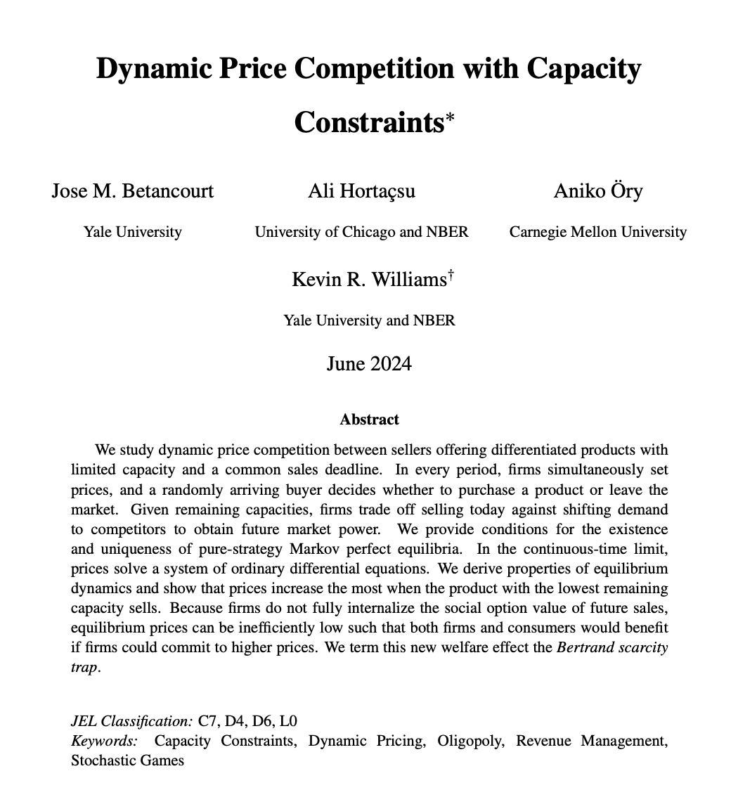 Cowles Foundation (@yalecowles) on Twitter photo NEW Discussion Paper: "Dynamic Price Competition with Capacity Constraints"
By <a href="/jbetancourt015/">Jose Betancourt</a> (<a href="/YalePhysicsDept/">YalePhysicsDept</a>), Ali Hortaรงsu (<a href="/UChi_Economics/">UChicago Economics</a>), <a href="/AnikoOery/">Aniko รry</a> (<a href="/teppercmu/">Tepper CMU</a>), and @mrequalsmc (<a href="/YaleSOM/">Yale School of Management</a>): cowles.yale.edu/research/cfdp-โฆ NEW Discussion Paper: "Dynamic Price Competition with Capacity Constraints"
By <a href="/jbetancourt015/">Jose Betancourt</a> (<a href="/YalePhysicsDept/">YalePhysicsDept</a>), Ali Hortaรงsu (<a href="/UChi_Economics/">UChicago Economics</a>), <a href="/AnikoOery/">Aniko รry</a> (<a href="/teppercmu/">Tepper CMU</a>), and @mrequalsmc (<a href="/YaleSOM/">Yale School of Management</a>): cowles.yale.edu/research/cfdp-โฆ
