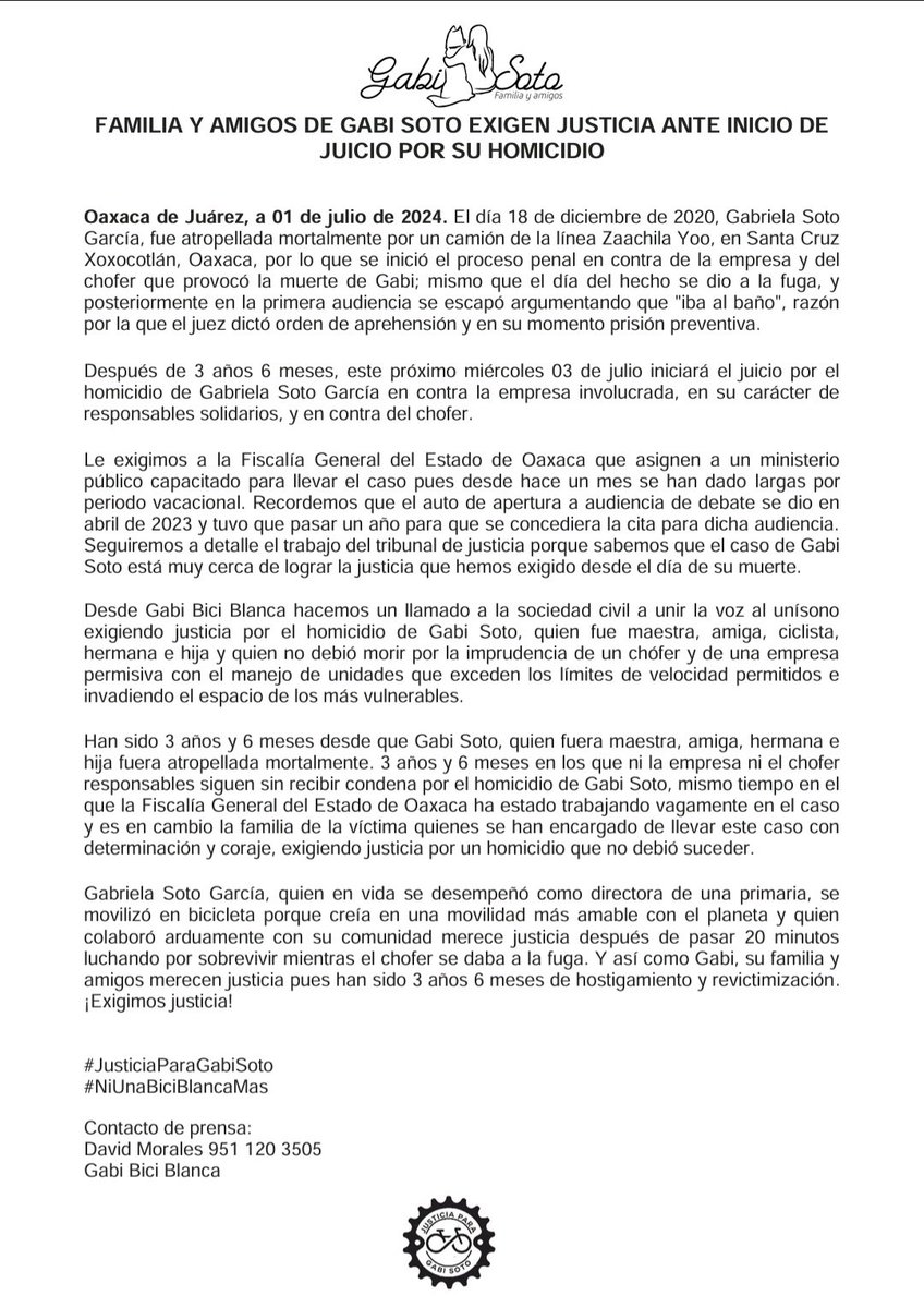 #Comunicado: Desde el colectivo Gabi Bici Blanca nos pronunciamos exigiendo #JusticiaParaGabiSoto 

<a href="/FISCALIA_GobOax/">Fiscalía General</a> <a href="/GobOax/">Gobierno de Oaxaca</a>
<a href="/FiscalOaxaca/">Bernardo Rodríguez Alamilla</a>