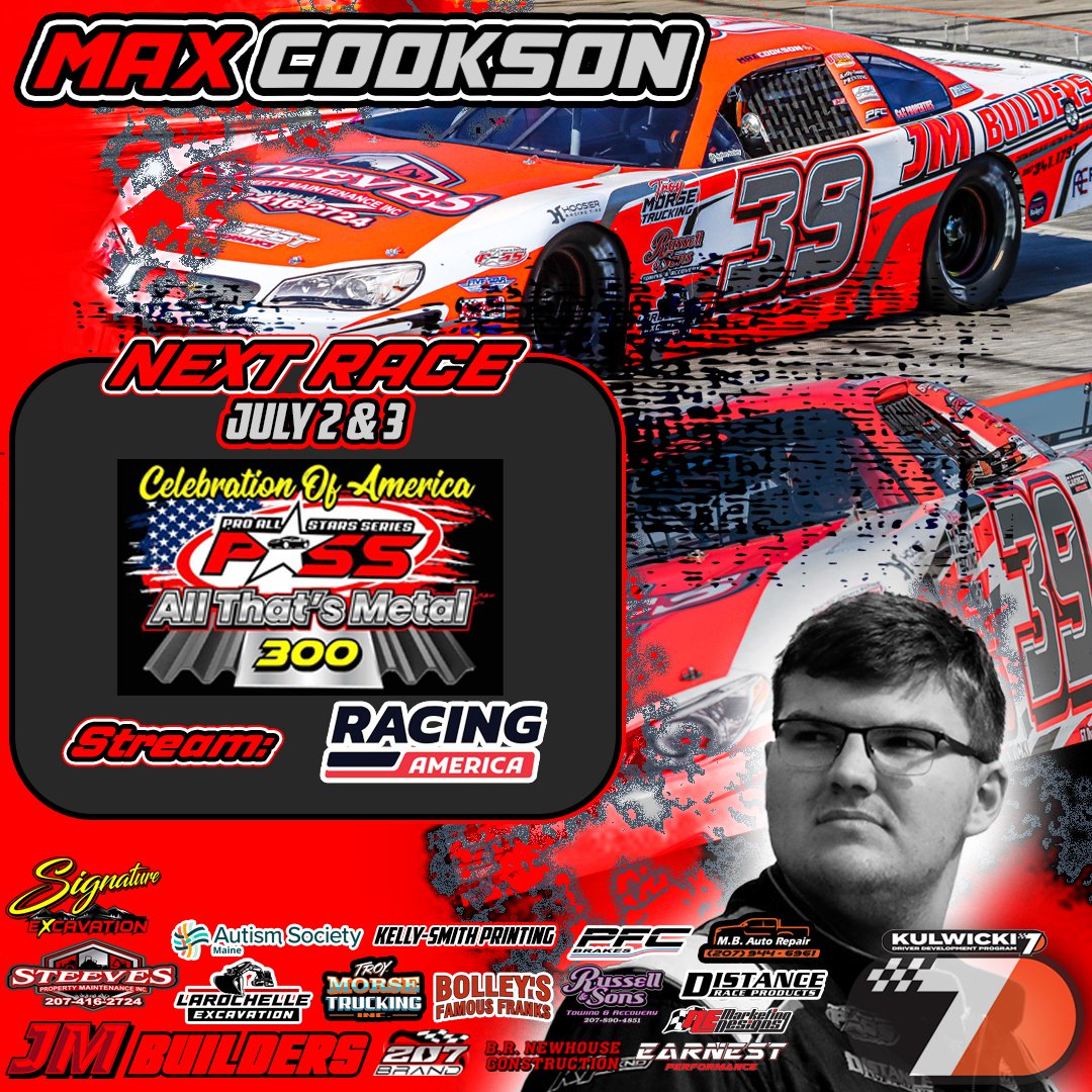 MaxJCookson's tweet image. Celebration of America 300 at Oxford Plains Speedway!

Details:
• Event: 300 Lap PASS Race
• Prize: $40k to win!

Schedule:
• Tue, July 2: Racing Begins: 5:45 PM

• Wed, July 3: Racing Begins: 4 PM