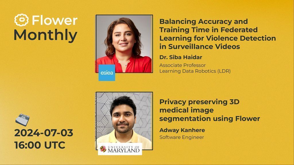 Flower (@flwrlabs) on Twitter photo 🗓️ Flower Monthly is this Wednesday! 🤩
🔗 Link to join: buff.ly/432pi5K
📆 Jul 16:00 UTC
1️⃣ Dr. Siba Haidar (<a href="/SibaHaidar/">Siba Haidar</a>) Associate Professor from Learning Data Robotics (LDR) at <a href="/esiea_school/">ESIEA</a>
2️⃣ Adway Kanhere (<a href="/AdwayKanhere/">Adway Kanhere</a>) Software Engineer from <a href="/UofMaryland/">Univ. of Maryland</a> 🗓️ Flower Monthly is this Wednesday! 🤩
🔗 Link to join: buff.ly/432pi5K
📆 Jul 16:00 UTC
1️⃣ Dr. Siba Haidar (<a href="/SibaHaidar/">Siba Haidar</a>) Associate Professor from Learning Data Robotics (LDR) at <a href="/esiea_school/">ESIEA</a>
2️⃣ Adway Kanhere (<a href="/AdwayKanhere/">Adway Kanhere</a>) Software Engineer from <a href="/UofMaryland/">Univ. of Maryland</a>