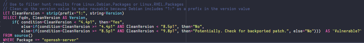 therealwlambert's tweet photo. Quick and dirty VQL to search for hosts potentially vulnerable to #OpenSSH #regreSSHion  🐛#CVE20246387 in @velocidex #velociraptor🔍🦖

https://t.co/rq0emtqzbK

Use when hunting with with Linux.Debian.Packages and Linux.RHEL.Packages  

https://t.co/0jaE6KVjmh

#DFIR 
#Infosec https://t.co/YJTYlU0lUh