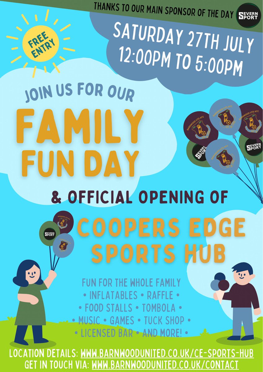 To celebrate the opening of Coopers Edge Sports Hub, our Family Fun Day is Sat 27th July.

If you are interested in donating a raffle prize or setting up a stall, please contact us at barnwoodunited.co.uk/contact

#upthebarny #barnyarmy