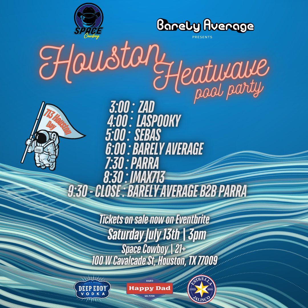 jonyfalcon's tweet photo. We’re bringing the heat from 3-11pm 🌊 by celebrating 713 Houston Day at Space Cowboy! Some sponsors will be giving a complimentary drink while supplies last. Ticket link below 🎫 ⬇️ https://t.co/EZsDZHcfTP
