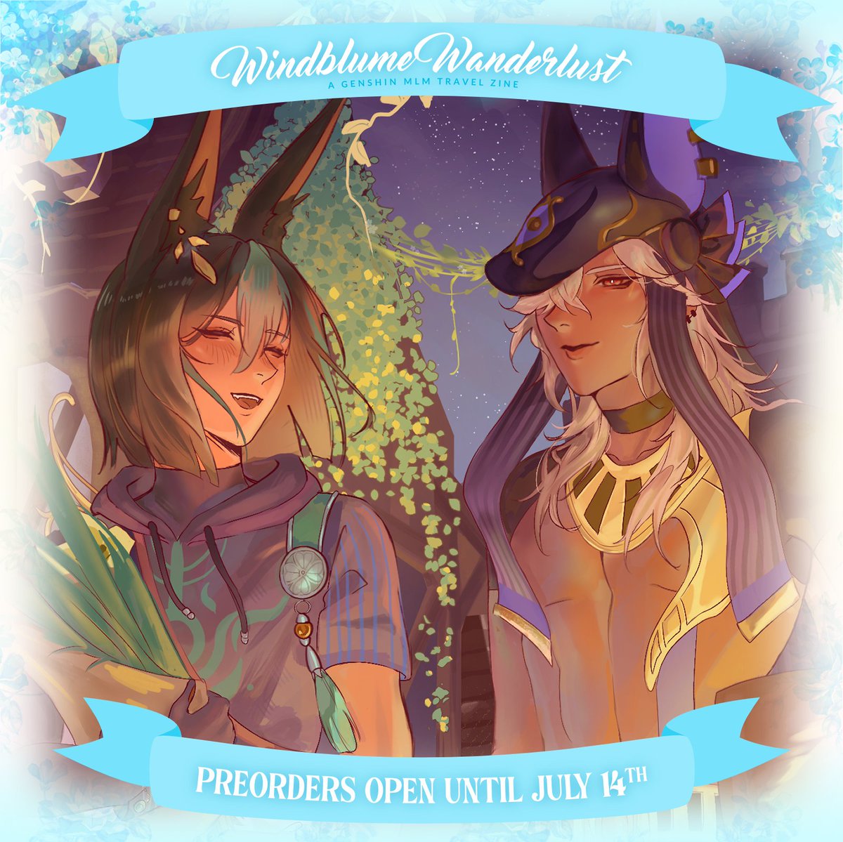 SO EXCITED to finally share the preview of my piece I made for <a href="/teyvat_travelog/">Teyvat Travelogue 🧭 Completed!</a> !!! It's a beautiful zine featuring every corner of Mondstadt and of course your favorite MLM ships 😚😚

✨ Pre-Orders are open until the 14th of July! Don't miss it!!