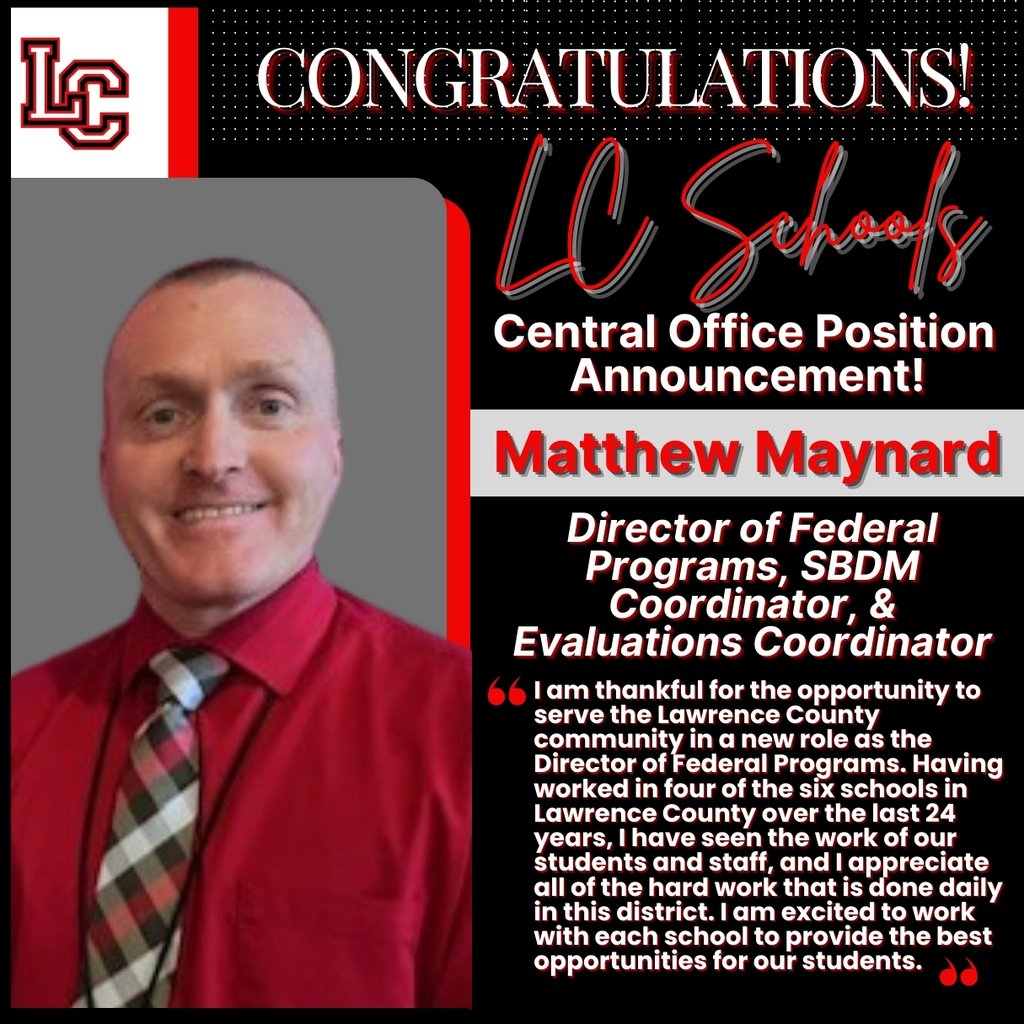 LawrenceCoSch's tweet photo. Congratulations to Mr. Maynard, former Louisa West Elementary School principal, who was recently selected as the new Director of Federal Programs, SBDM Coordinator, & Evaluations Coordinator for LC Schools! Help us welcome him in his new role!
#AllinLC @LawrenceCoSuper https://t.co/NODkW7S6vh