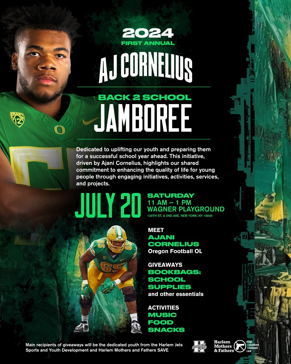 Ajani Cornelius (@ajcornelius65) on Twitter photo Heading home to NYC to host my first Back2School Jamboree! Students will receive bookbags, school supplies and some exciting surprises.π Starting at 11am on July 20th at Wagner Playground in Harlem. Donβt miss out!
<a href="/Harlem__Jets/">Harlem Jets Youth Sports and Development</a> <a href="/oregonfootball/">Oregon Football</a> <a href="/HarlemSaveALife/">HarlemMothersSave</a> Heading home to NYC to host my first Back2School Jamboree! Students will receive bookbags, school supplies and some exciting surprises.π Starting at 11am on July 20th at Wagner Playground in Harlem. Donβt miss out!
<a href="/Harlem__Jets/">Harlem Jets Youth Sports and Development</a> <a href="/oregonfootball/">Oregon Football</a> <a href="/HarlemSaveALife/">HarlemMothersSave</a>