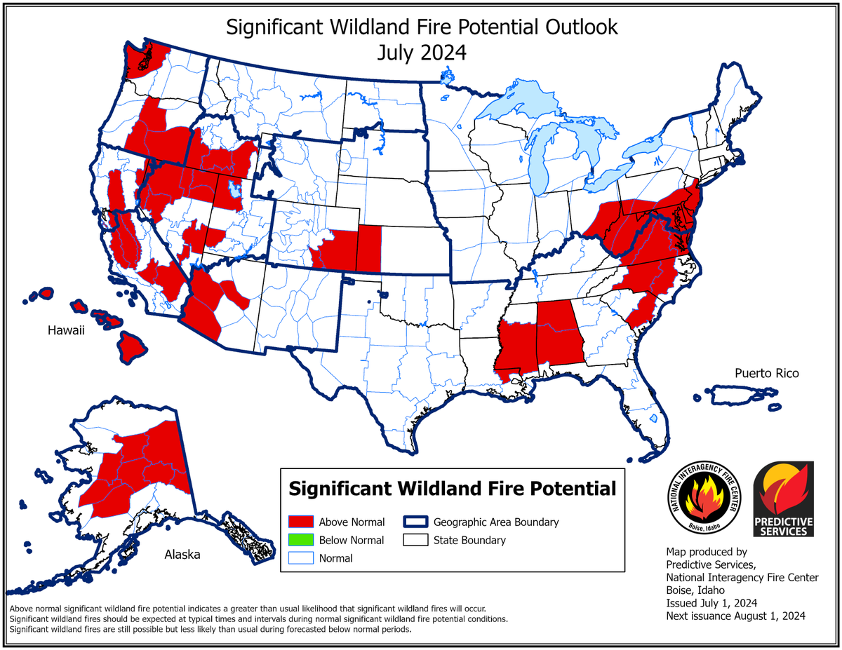Hot off the press from NIFC Predictive Services, a quick summary: 

Fire Activity: Increased fire activity in Alaska and western US in June, with a significant rise towards the end of the month. National Preparedness Level was raised to three on June 28 due to heightened