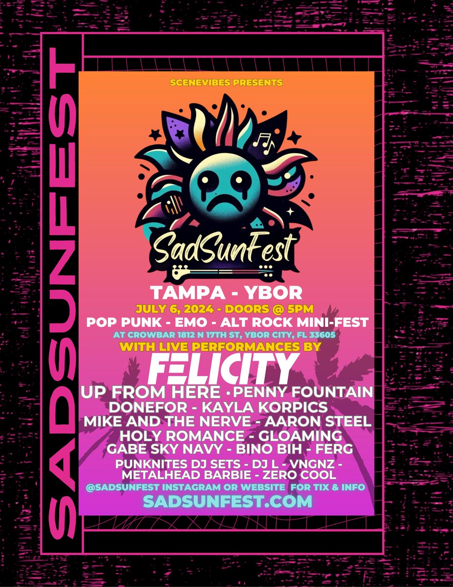 SadSunFest (@sadsunfest) on Twitter photo If you like <a href="/PunkNites/">PunkNites Pop Punk Emo Nights & More</a>, you’ll love SadSunFest Tampa. Same fun, safe environment with awesome music and some amazing bands like <a href="/WeAreFelicity/">FELICITY</a> & <a href="/UpFromHereMusic/">UP FROM HERE</a> - check it out, tickets at CrowbarYBOR.com If you like <a href="/PunkNites/">PunkNites Pop Punk Emo Nights & More</a>, you’ll love SadSunFest Tampa. Same fun, safe environment with awesome music and some amazing bands like <a href="/WeAreFelicity/">FELICITY</a> & <a href="/UpFromHereMusic/">UP FROM HERE</a> - check it out, tickets at CrowbarYBOR.com