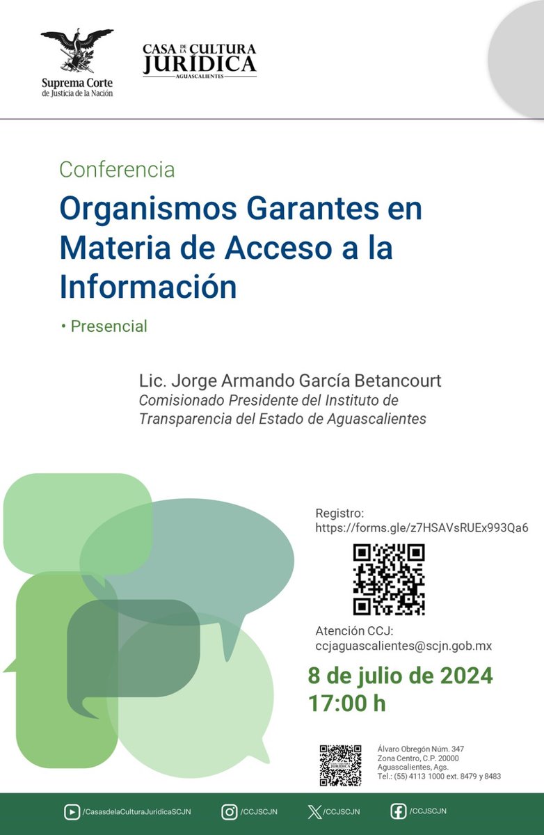 ITEA_AGS's tweet photo. Te invitamos el próximo lunes 8 de julio a la Conferencia "Organismos Garantes en Materia de Acceso a la Información", presentada por el Comisionado Presidente, Lic. Jorge Armando García Betancourt, en la Casa de la Cultura Jurídica de Aguascalientes. https://t.co/3KyvfNnXvK
