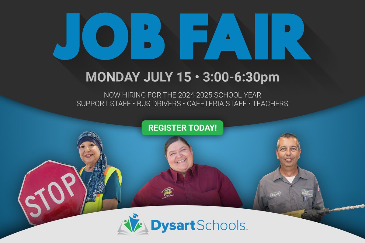 A quick reminder, our Summer Job Fair is coming up two weeks from today! We have a variety of positions open for the 2024-2025 school year. Learn more, search positions, and register for the fair today at dysart.org/careers.