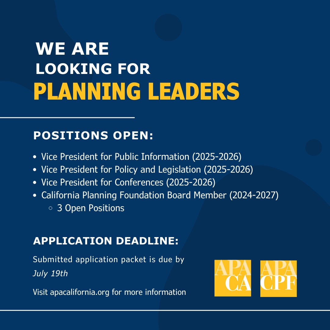 APACalifornia's tweet photo. 📢 Join APA California &amp; CPF Boards in 2025! We're looking for dedicated members to lead and innovate in our profession. Serve with us to foster leadership, inclusion, and community. Applications are due by July 19th. More info: https://t.co/vxXNhIljcd #Leadership #APACA #CPF https://t.co/GSkx5M5HdK