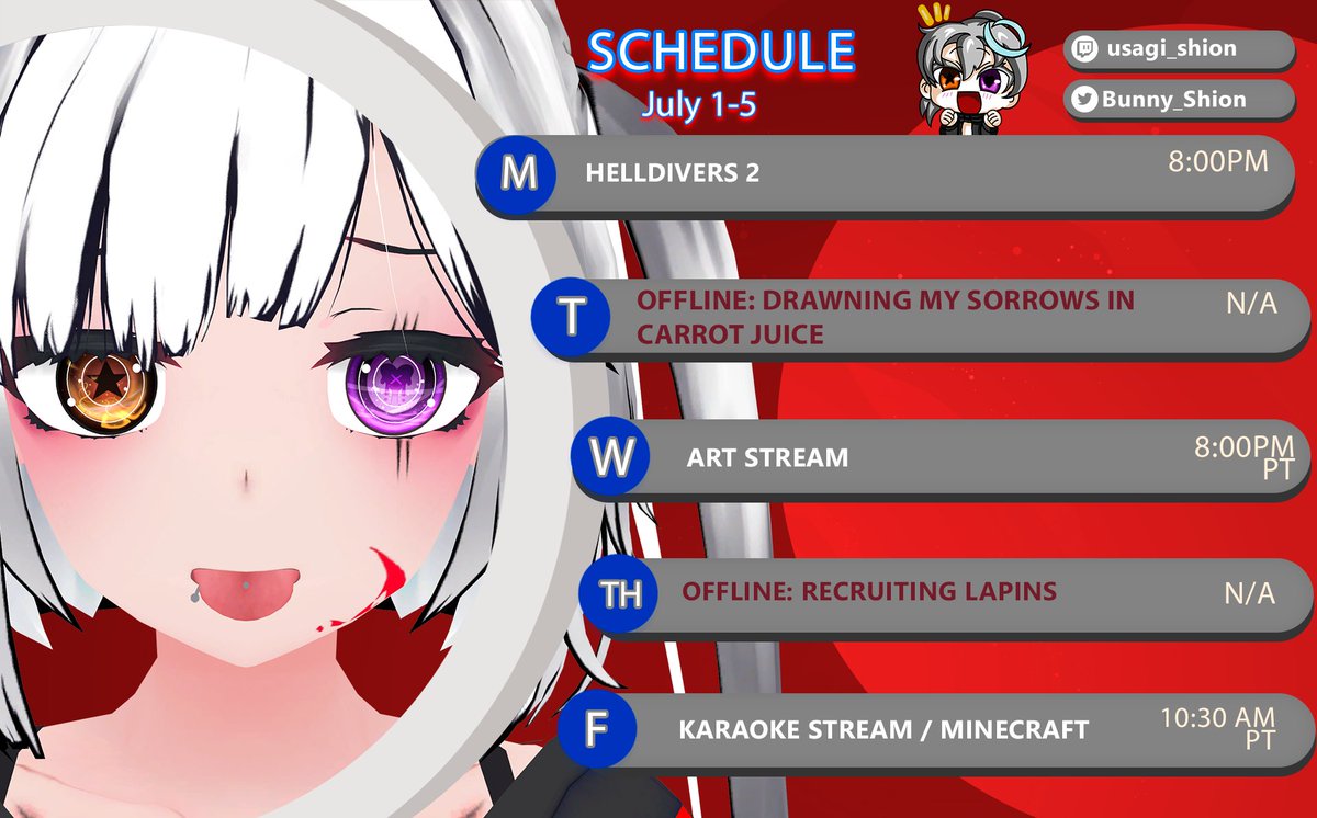 Cinnabun_shion's tweet photo. heya Lapins‼️
Sorry for the late update, it's been one very warm and lazy start of the week for me 🥕🐇
Here's this week's Calendar📆Join me to chill and have some snacks 🍪🍰🐇
#VtuberEN #VTuberUprisings #twitchstreamer https://t.co/BErnHGlMhe