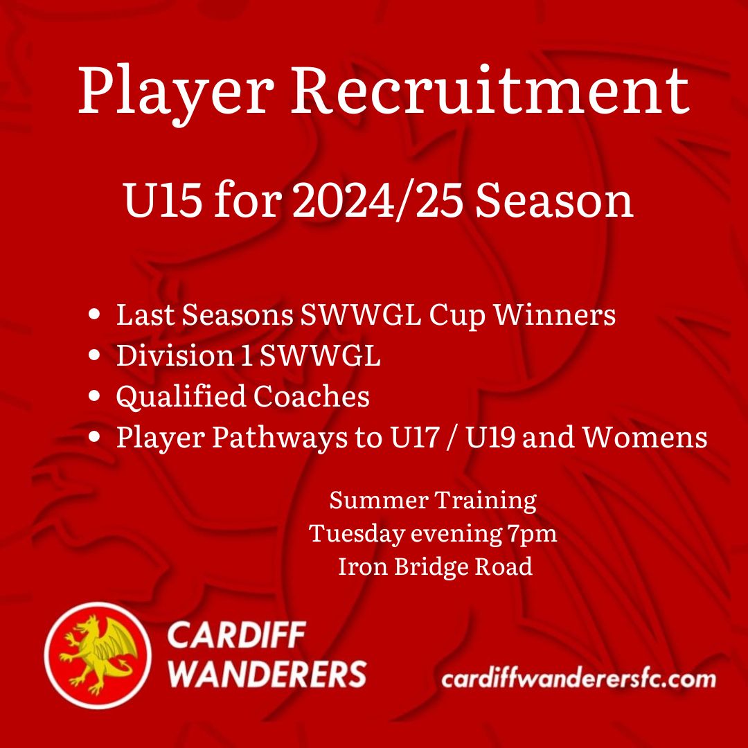 Great opportunities within our U15 girls team, training on Tuesday evenings through the season and great pathway opportunities links. Pop along 👍⚽
<a href="/swwgl/">SWWGL</a> <a href="/CardiffUniSport/">Cardiff Uni Sport 🔴⚫️</a> <a href="/CDFWanderersFC/">Cardiff Wanderers FC</a> <a href="/CVSFA/">Cardiff & Vale Schools & Colleges FA</a>