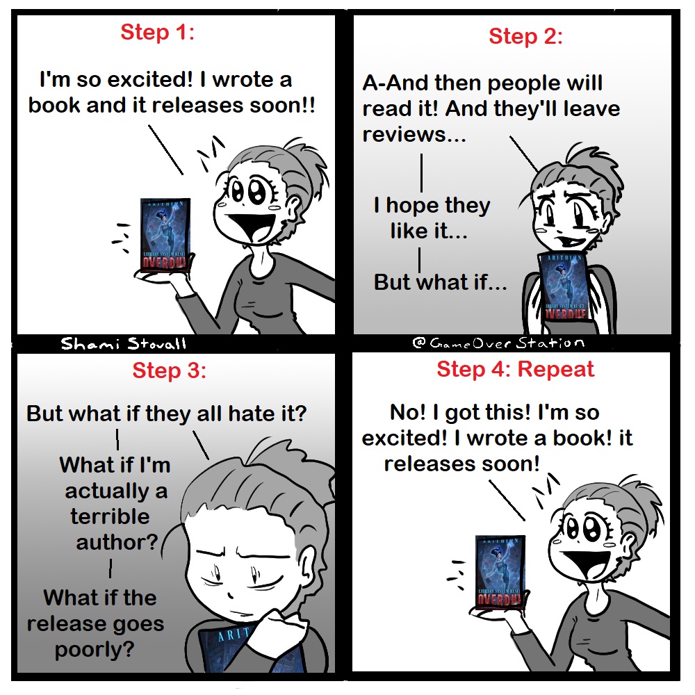 GameOverStation's tweet photo. I drew a comic for a friend. Sometimes release days are tough!

#booktwt #books #authorlife #comics https://t.co/3nPCDwJGDE