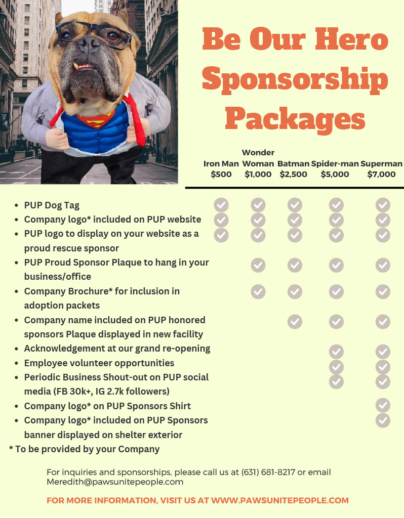PawsUnitePeople's tweet photo. Please have your business consider being a sponsor for our move to a new facility. Here is our sponsorship package on how to be a PUP Hero ❤️
Email Meredith@pawsunitepeople.com for more information https://t.co/qR9O8MVC2E