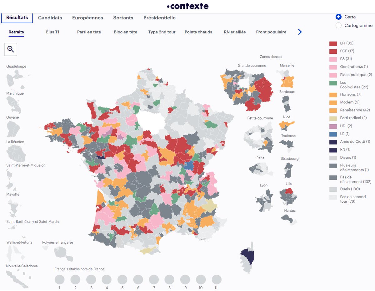mathieugallard's tweet photo. 🇫🇷🗳️ L'indispensable carte des désistements des candidats au second tour sur @Contexte. https://t.co/zaQp4YgDhS https://t.co/8vkHXQL8tp