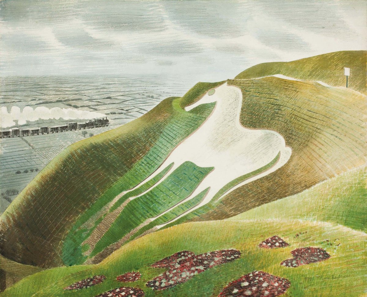 The Westbury Horse, Eric Ravilious, 1939. The original artwork is in the collection of <a href="/TownerGallery/">Towner Eastbourne</a>. #Wiltshire