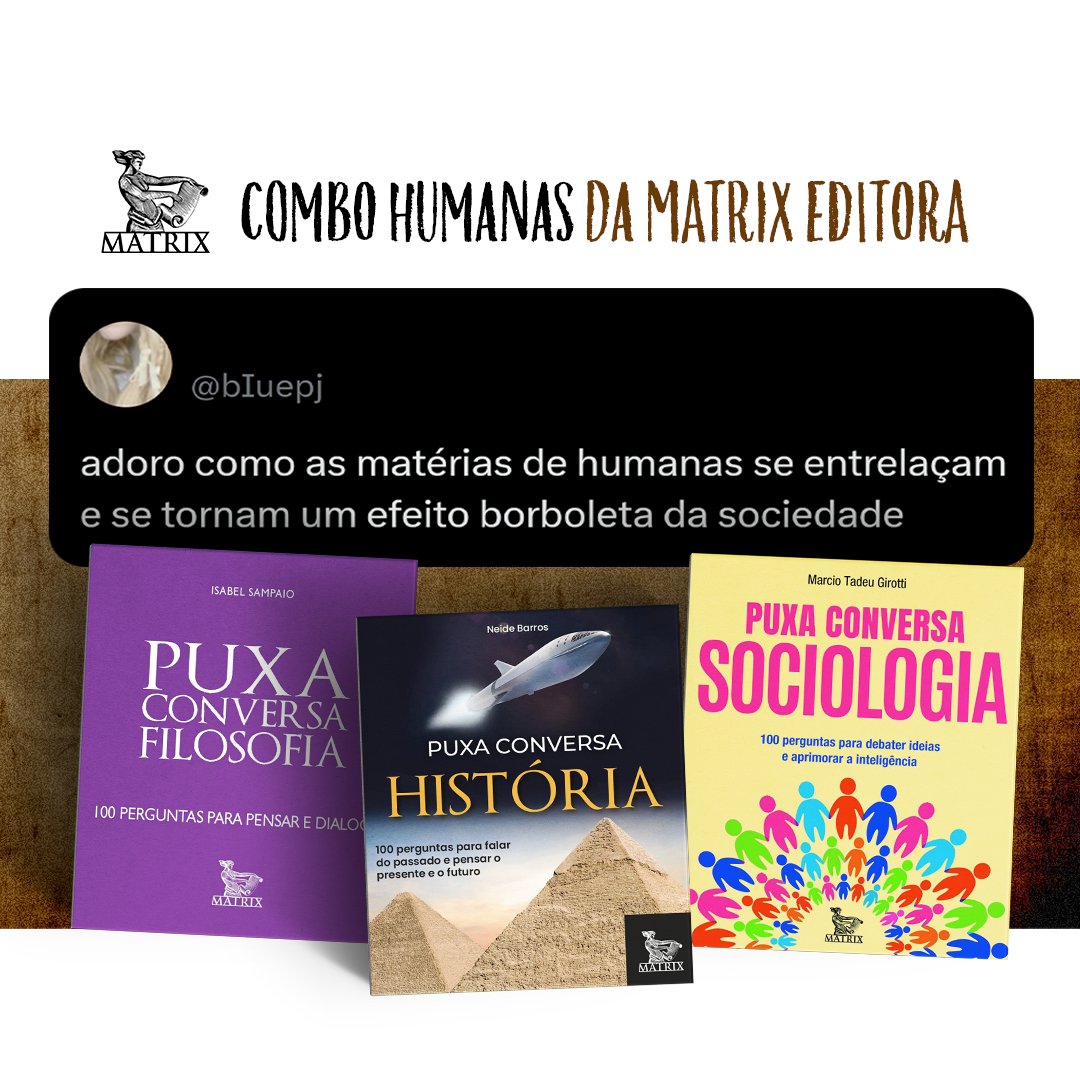 MatrixEditora's tweet image. Enxergue o mundo (e a si) com outros olhos e se sinta pronto para qualquer conversa com os livros-caixinha Puxa Conversa Filosofia, História e Sociologia!

Comece já a compreender os padrões de comportamento, normas culturais e muito mais!

Disponíveis em matrixeditora.com.br/livro-caixinha/.