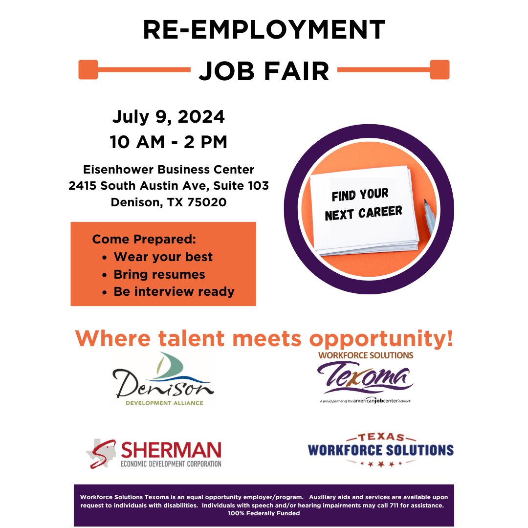 Attention all job seekers! Get ready for the Re-Employment Job Fair on July 9th! This is your chance to connect with potential employers and land your next opportunity. Don't miss out on this exciting event! See you there!