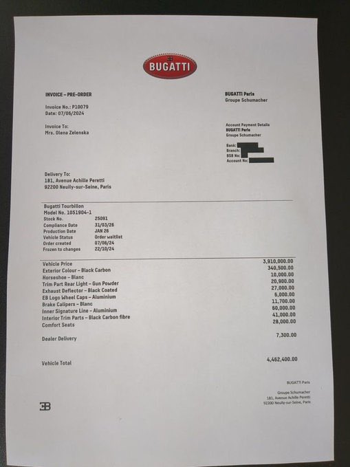 ImMeme0's tweet photo. 🚨BREAKING: Zelensky's wife allegedly purchased the newest Bugatti Turbillon for €4.5 million ( $4,832,325.00) 

French journalists obtained an invoice showing the car's base price of nearly 4 million euros, with 500,000 euros in options. Allegedly, Zelenskaya will receive her car in 2026.