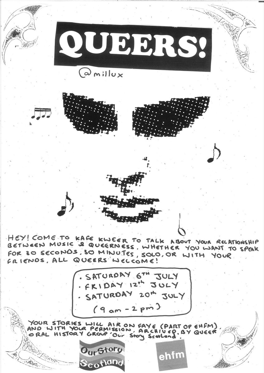 Do you want to talk about the relationship between music and queerness? Of course you do! Contact Murray or pop into Kafe Kweer on the 6th, 12th or 20th of July between 9am and 2pm