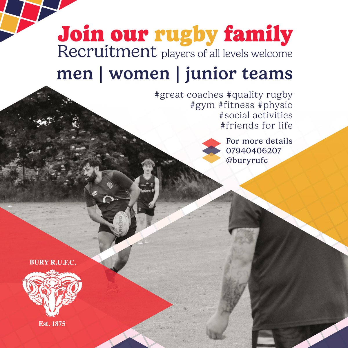 Join Bury Rugby Club for the 24/25 Season!

Men’s Pre-Season Starts: Tuesday, 9th July
- - -  
Women’s Pre-Season Starts: Wednesday, 10th July

If you fancy joining in, just come down and join us.
Or
For more information or to express your interest, please contact us.