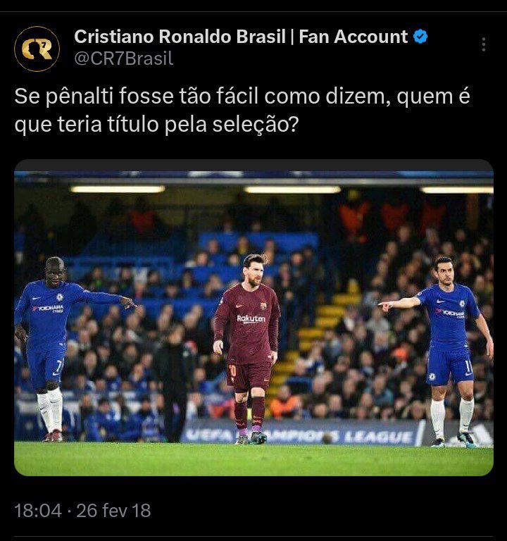 Os fãs do Ronaldo passaram mil anos zoando o Messi por título na seleção, choro e a tal “mentalidade fraca” dele. Muito engraçado como tudo reverteu nos últimos anos e os caras tão pagando com a própria língua.

O bem sempre vence.