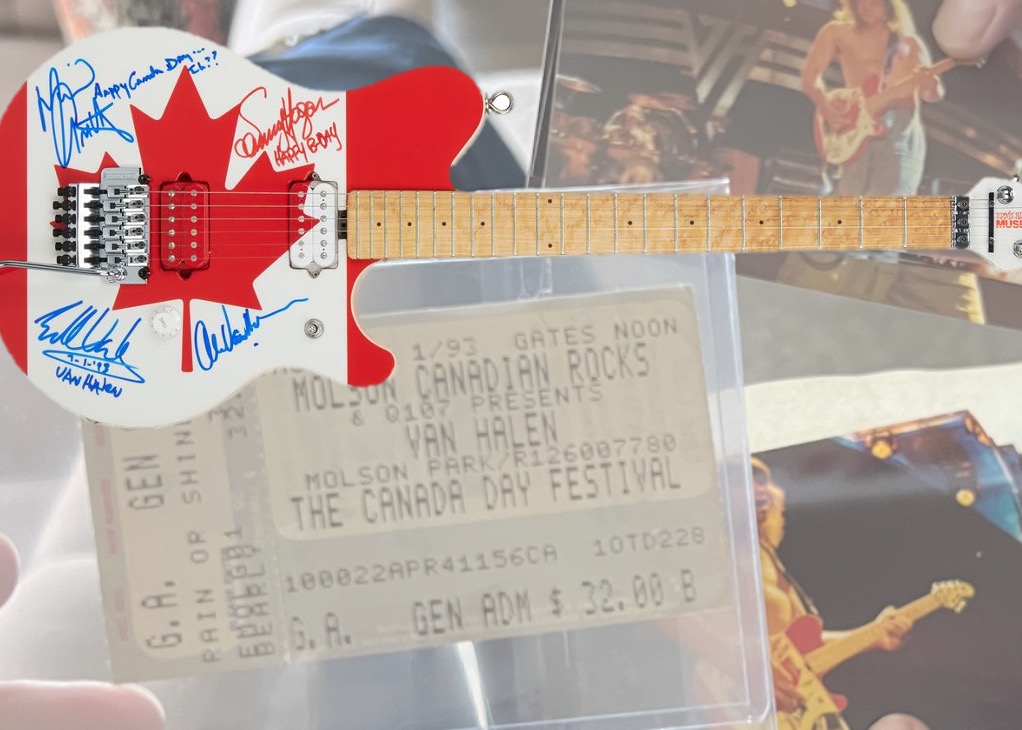 the_jayhawks's tweet photo. The Jayhawks played this fest w/#VanHalen 31 years ago today, #CanadaDay! Eddie played this custom @ernieball guitar during the encore. It was just found &amp; is headed to auction. 100% of the proceeds benefit @cityofhope's cancer research &amp; treatment. Story: https://t.co/K4sQxXeyAZ https://t.co/58gePQy5tk