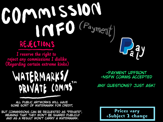 ALoafOfRyeBread's tweet photo. New comm sheet, same old me

Dm if you're interested, got any questions, OR just wanna talk shit about my art.
(Compliments also accepted) https://t.co/KTJxQiMg1a