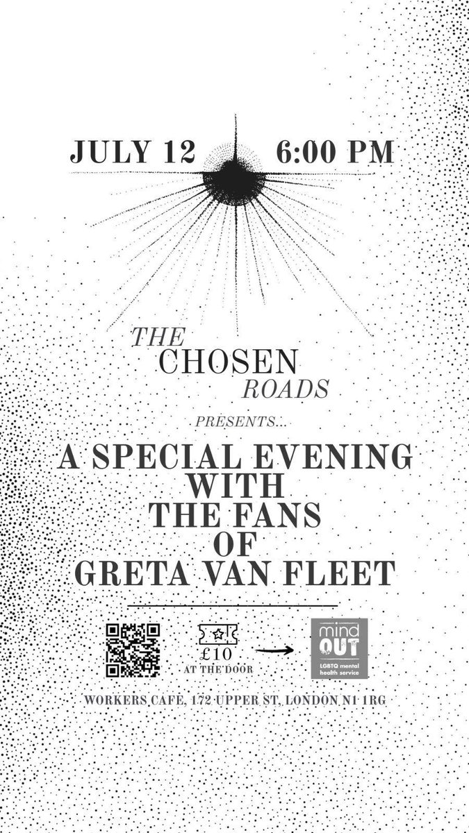 rexcunningham's tweet photo. ⭐️@gretavanfleet London Fan Meetup &amp; Charity Fundraiser for @mindoutlgbtq Supporting LGBTQ+ Mental Health. 
Friday July 12th 6 p.m. @workerscafe 
Plenty of giveaways and Greta Van Fleet merchandise up for auction to help support Mind Out
£10 Donation at the door to Mind Out. https://t.co/pgHGM5UD4t