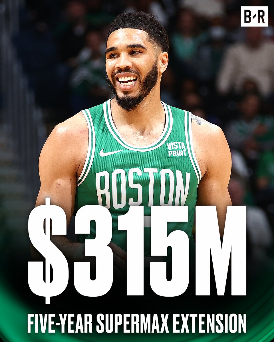 Jayson Tatum agrees on a five-year, $315M supermax extension with the Celtics, per B/R's <a href="/ChrisBHaynes/">Chris Haynes</a>

LARGEST CONTRACT IN NBA HISTORY 💰🤑