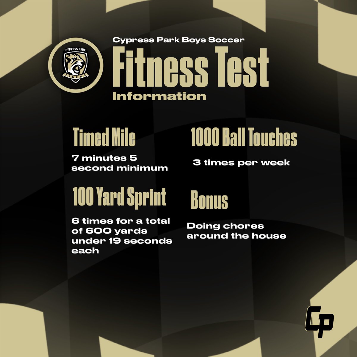 RISE UP TIGERS here are the details for our upcoming soccer fitness test! ⚽️💪 This is your chance to push your limits and see your hard work pay off. Proud of the effort and dedication you bring every day. Let’s keep that momentum going, team!#CypressPark #TigerSoccer