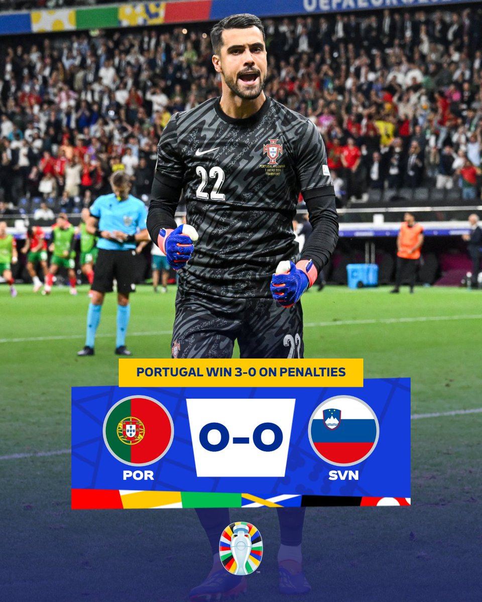 Diogo Costa saves three penalties to send Portugal to the quarter-finals! 🇵🇹

#EURO2024 | #PORSVN