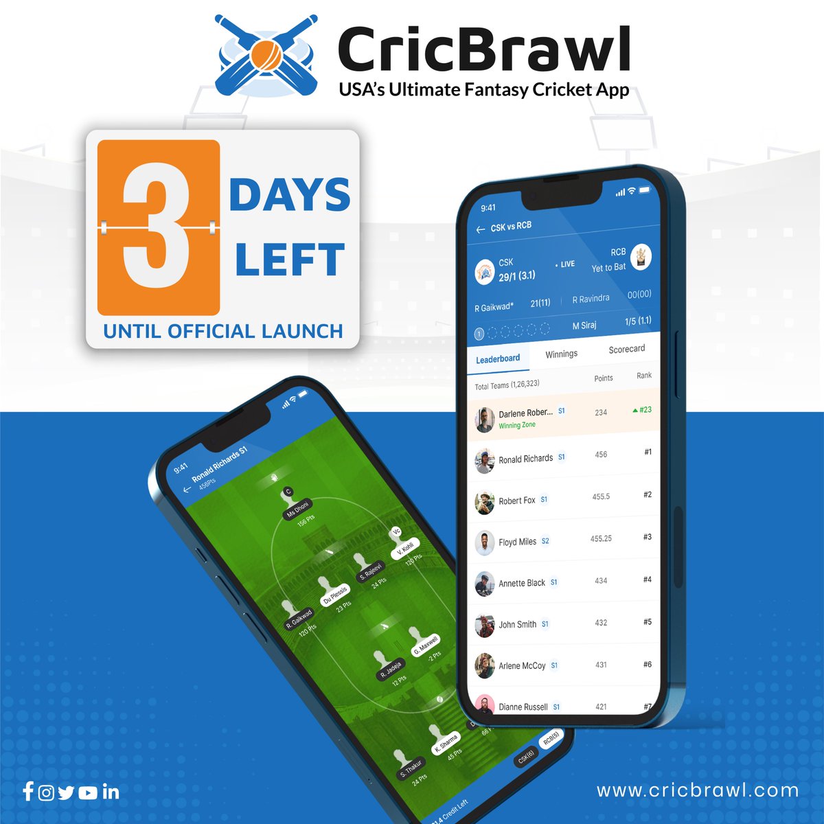 🚀Only 3 days left until the official launch of CricBrawl!🏏

Spread the excitement! Like and share this post to let everyone know. Let's build the ultimate cricket community together!

#CricBrawl #FantasyCricket #LaunchDay #FantasySports #DreamTeam #FantasySportsApp #MLC2024
