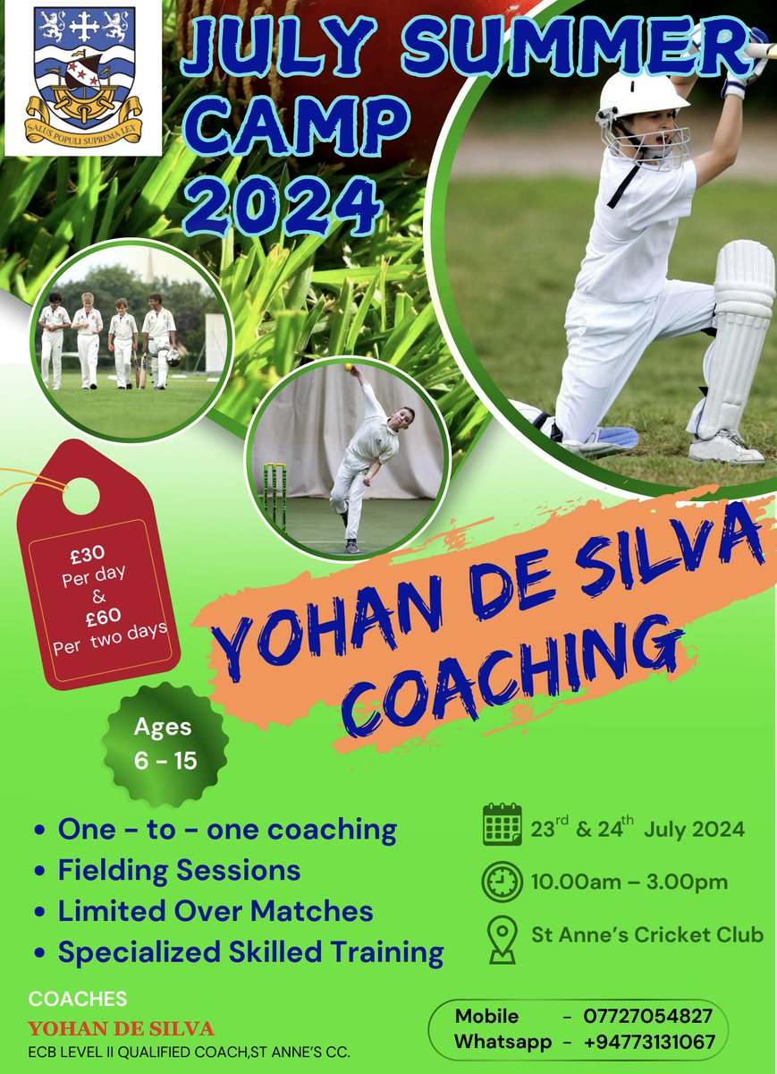 📣 SUMMER CAMP 🏏
Enjoy cricket coaching from our club Professional, Yohan de Silva!

➡️ To book (or for enquiries), please contact Yohan directly 👇